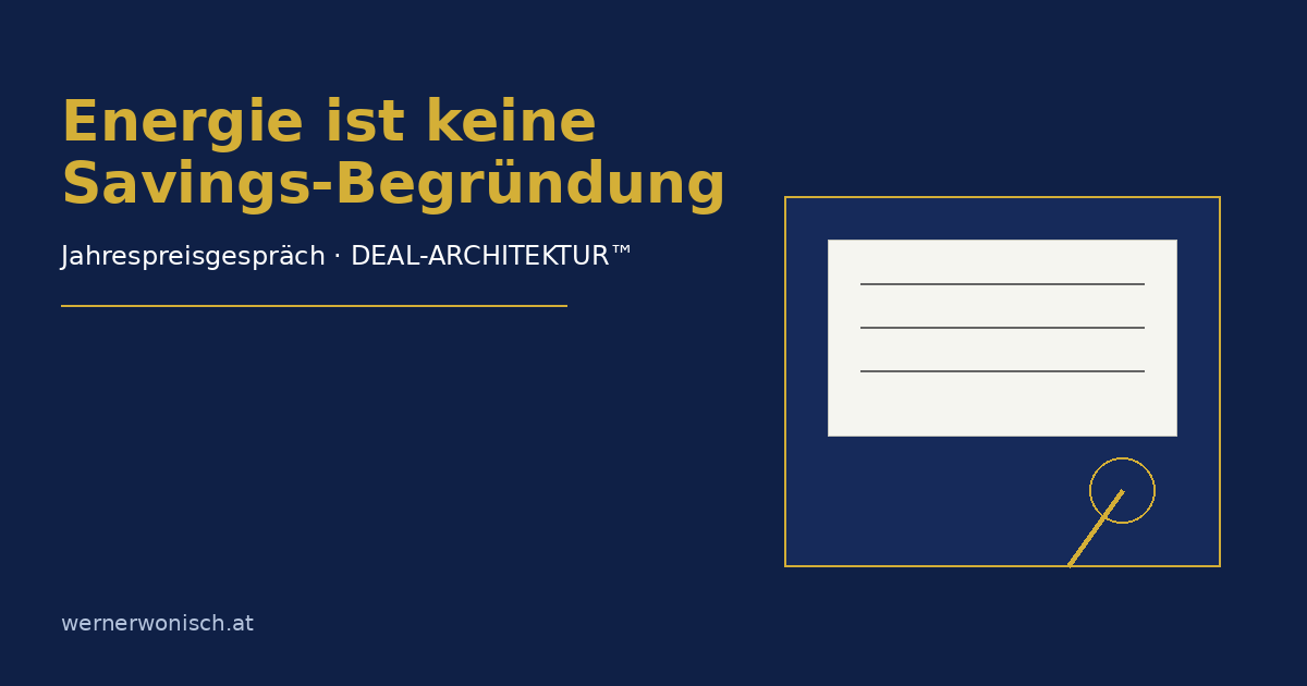 Besprechungstisch mit einem Blatt für das Jahrespreisgespräch, dahinter unscharf eine Produktionshalle, Schriftzug „Energie ist keine Savings-Begründung“.